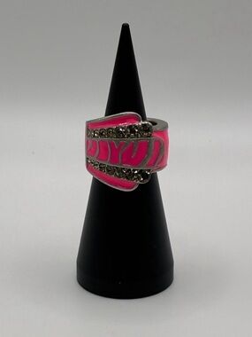 Pink Enamel Silver-Tone Rhinestone Statement Ring Size 7